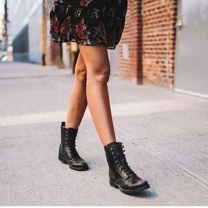 Frye Veronica Lace-Up Combat Boots Black Leather Women’s 6.5